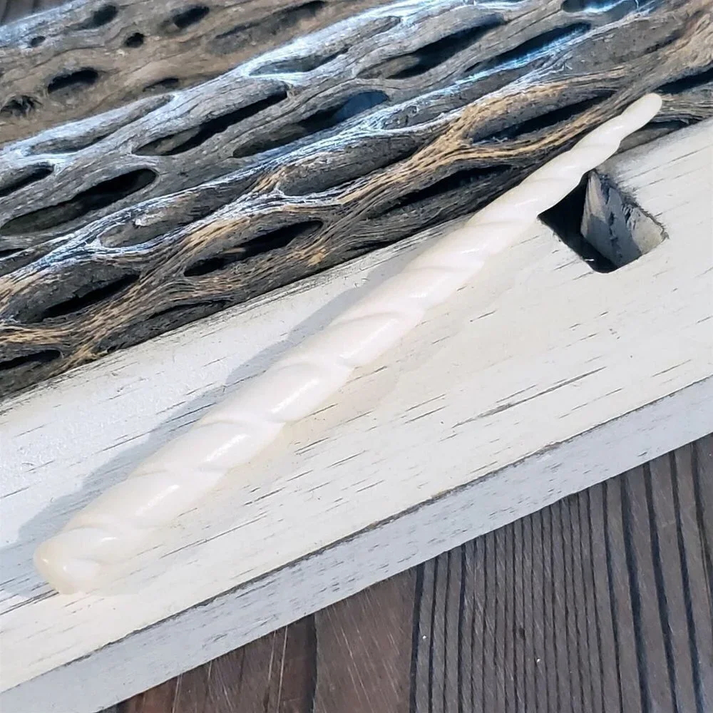 Handcrafted Avant Garde India Off White Carved Twisted Buffalo Bone Hair Stick - Picture 7 of 11